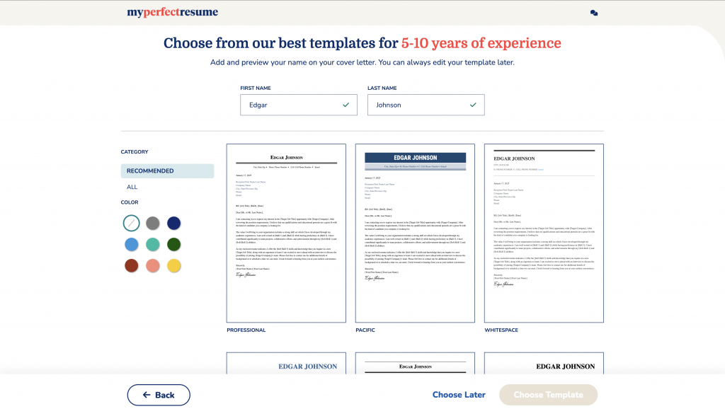 Screenshot showing resume builder design options